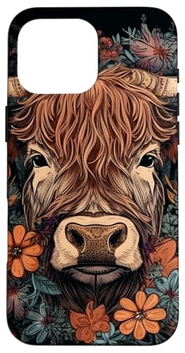 Hülle für iPhone 16 Pro Max Hochlandrinder Kuh mit Blumen rund um Boho Style Grafik von Highland Cattle Cow Merch