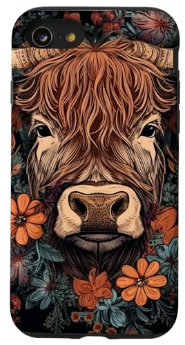Hülle für iPhone SE (2020) / 7 / 8 Hochlandrinder Kuh mit Blumen rund um Boho Style Grafik von Highland Cattle Cow Merch