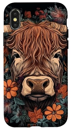 Hülle für iPhone X/XS Hochlandrinder Kuh mit Blumen rund um Boho Style Grafik von Highland Cattle Cow Merch