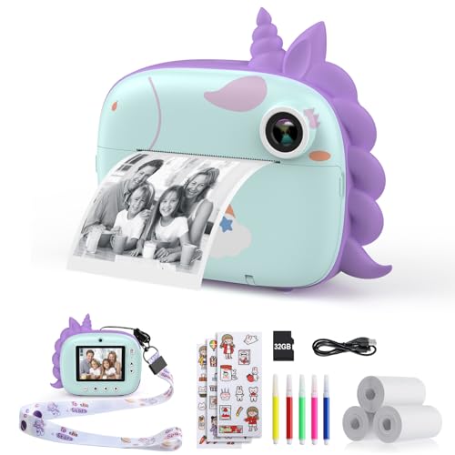 HiMont Kinderkamera Sofortbildkamera, Digitalkamera für Kinder mit Druckpapier & 32G TF Karte, VideoKamera mit farbigen Stiften & lustige Accessoires, Geschenk für Kinder 3-14 Jahren (Grün) von Hiievpu