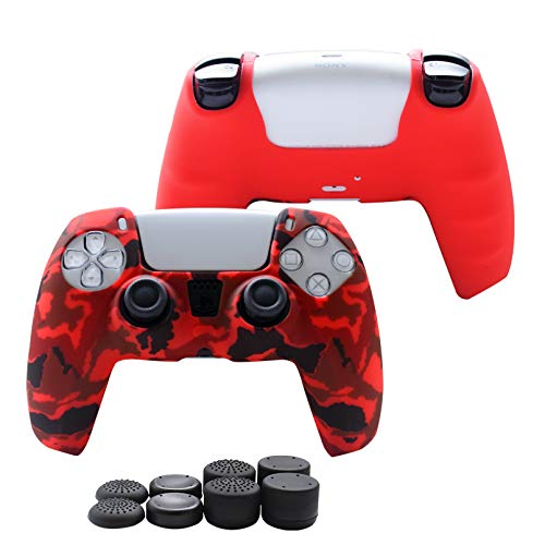 Hikfly Schutzhülle für PS5 Controller, Silikon, für PS5 DualSense Controller, rutschfeste Abdeckung für Playstation 5 Controller, 1 x Skin mit 8 x Daumengriffkappen (rot) von Hikfly