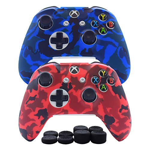 Hikfly Silikon-Gel-Controller-Schutz-Set für Xbox One/Xbox One S/Xbox One X Controller, Videospiele (2 x Controller-Abdeckung mit 8 x Daumengriffkappen) (blau, rot) von Hikfly