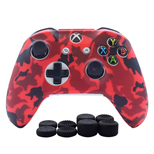 Hikfly Silikon-Gel-Controller-Schutz-Set für Xbox One Controller Videospiele (1 x Controller Camouflage Abdeckung mit 8 x Daumengriffkappen) (rot) von Hikfly