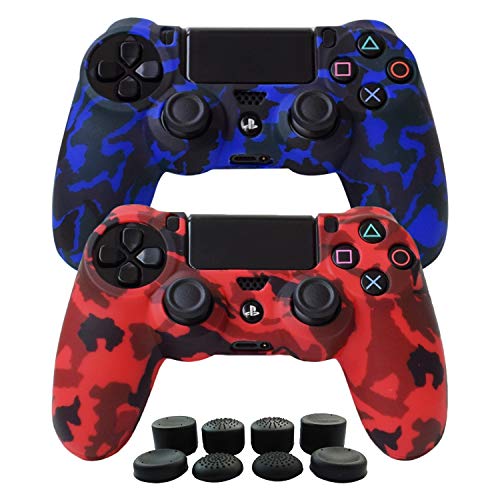 Hikfly Silikon mit Gummi-Öl-Gel-Controller Deckel Hautschutz Fall Faceplates Kits für Sony Playstation 4 PS4 / PS4 Slim / PS4 Pro Controller (2x Controller Abdeckung mit 8 x Joystic Caps)(Blau,Rot) von Hikfly