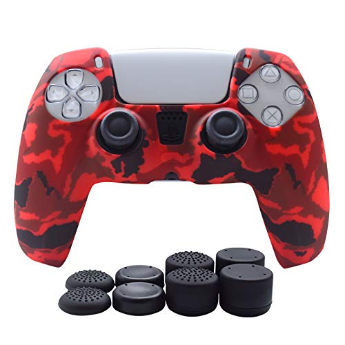 PS5 Controller Skin Hikfly Silikon-Hülle für PS5 DualSense Controller-Griffe, rutschfeste Abdeckung für PlayStation 5 Controller – 1 x Skins mit 8 x Daumengriffkappen, Rot von Hikfly