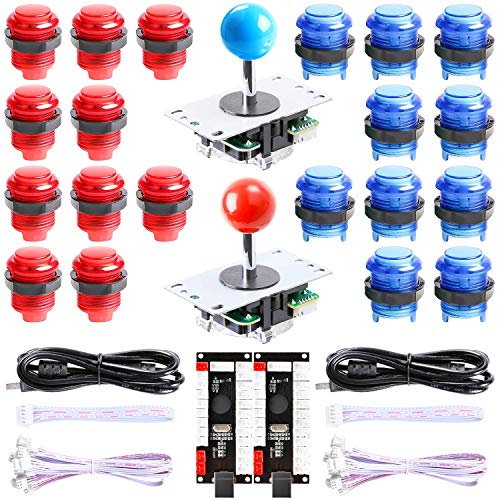 Hikig 2 Spieler DIY-Kit für LED-Arcade-Spiele 2x LED-USB-Encoder ohne Verzögerung, 2x Joystick, 20 LED-Arcade-Tasten für PC, Windows, MAME, Raspberry Pi - Farbe: Rot + Blau von Hikig