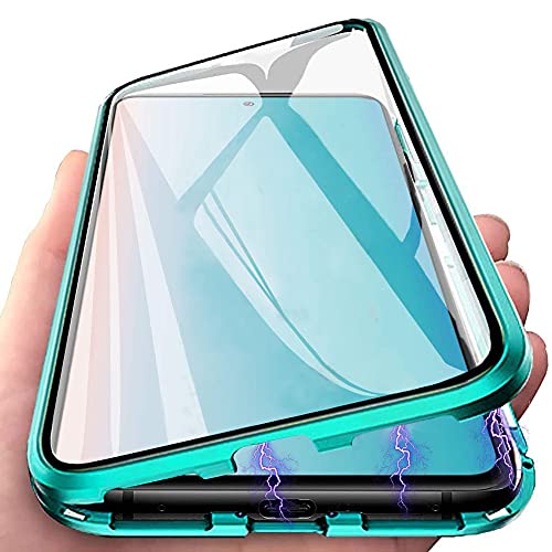 Hikissny Hülle für Huawei Mate 20X 5G Magnetabdeckung, Metallstoßstange Transparent Vorder und Rückseite Gehärtetes Glas + Kameraobjektivschutz 360° Ganzkörperschutz Flip Cover, Grün von Hikissny