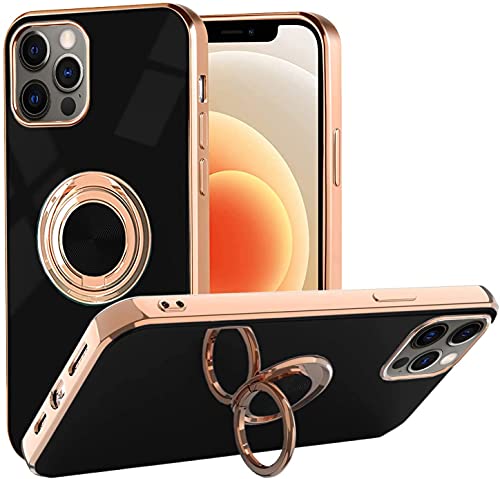 Hikissny Kompatibel mit iPhone 13 Hülle mit Ringhalter Vollständiger Kameraobjektivschutz Überzug Rose Gold Edge 360° Kickstand Schlanke TPU Schutzhülle für iPhone 13, Schwarz von Hikissny