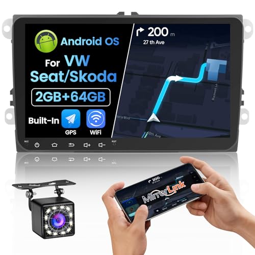 (2+32GB) 9 Zoll Touchscreen Android Autoradio mit Navi für VW Golf 5 Golf 6 T5, Hikity Doppel Din Autoradio Bluetooth mit Bildschirm, Mirrorlink, GPS, USB, FM, RDS, SWC, WiFi, Canbus, Rückfahrkamera von Hikity