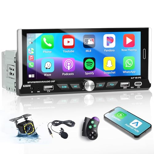 1 Din Autoradio Wireless Apple Carplay Android Auto, 6,9 Zoll Touchscreen Radio Bildschirm Bluetooth Freisprecheinrichtung FM/EQ/USB/SWC/Rückfahrkamera/Mikrofon von Hikity