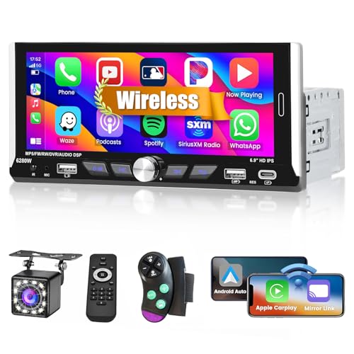 1 Din Autoradio, 6,9'' Touchscreen Bildschirm, Carplay Android Auto Wireless, Bluetooth Freisprecheinrichtung FM/EQ/USB/SWC/Rückfahrkamera/Mirror Link von Hikity