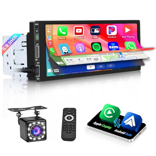 Hikity Carplay Android Auto Wired, 1 Din Autoradio, 6,86 Zoll Bildschirm, Bluetooth Freisprecheinrichtung Mirror Link, Touchscreen Auto Radio mit FM/EQ/USB/Rückfahrkamera/Mikrofon von Hikity