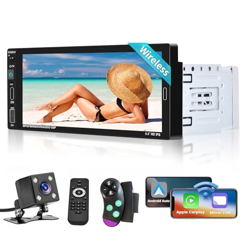 Hikity 1 Din Wireless Carplay Android Auto Autoradio 6,9 Zoll Touchscreen Radio Bildschirm Bluetooth Freisprecheinrichtung FM/EQ/USB/SWC/Rückfahrkamera/Mikrofon von Hikity