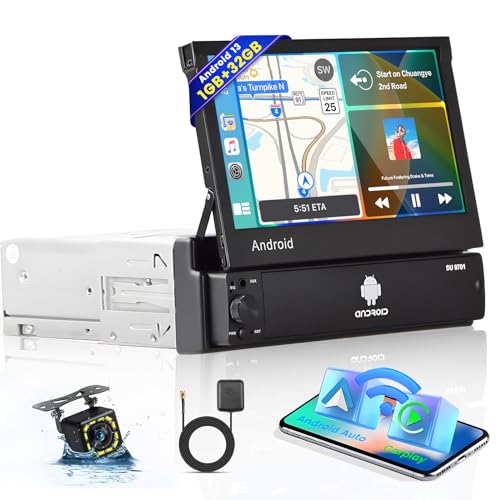 1G+32G Hikity Android 13 Autoradio 1 Din mit Navi Bildschirm Ausfahrbarem Display 7 Zoll Ausfahrbares Auto Radio mit GPS Bluetooth Freisprecheinrichtung FM WiFi Mirror Link SWC Rückfahrkamera von Hikity