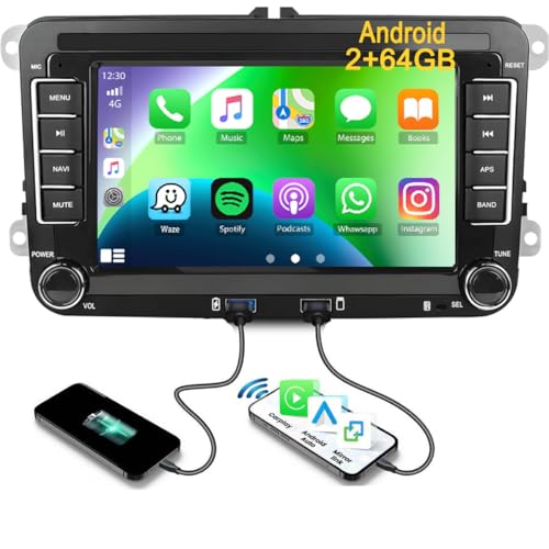 [2+64G] Autoradio Android mit Navi für VW Golf 5 6 Touran Polo Skoda Passat Radio, 7 Zoll Touch Display Wireless Carplay Android Auto Autoradio mit Bildschirm GPS WiFi Bluetooth FM Rückfahrkamera von Hikity
