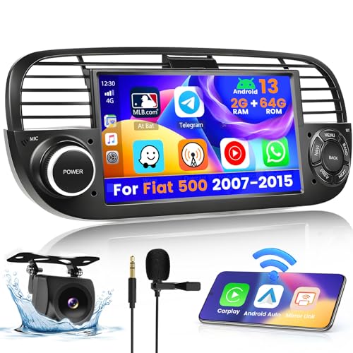 【2+64G】 Hikity Android 11 Autoradio für FIAT 500 （2007-2015）mit Navi Wireless Apple Carplay Touchscreen Autoradio Bluetooth mit 7 Zoll Bildschirm Android Auto WiFi HiFi RDS FM SWC Mic Rückfahrkamera von Hikity