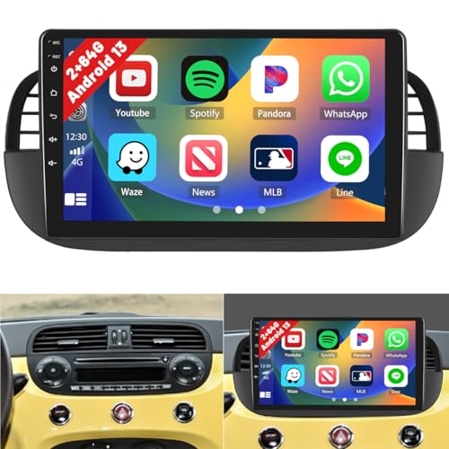 [2+64G] Hikity Android 13 Autoradio mit Navi für FIAT 500 2007-2015, Hikity 9 Zoll Touch Display Autoradio mit Bildschirm Carplay Android Auto GPS WiFi Bluetooth FM RDS Rückfahrkamera von Hikity