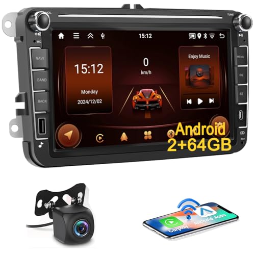 2+64GB Android Autoradio mit Navi für VW Golf 5 6 Touran Polo Skoda Passat,Wireless Carplay Android Auto, 8 Zoll Touch Screen Bluetooth Bildschirm WiFi FM RDS Radio mit Rückfahrkamera von Hikity