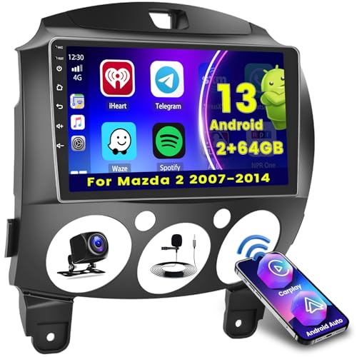 Hikity [2+64GB] Android 13 Autoradio für Mazda 2 2007-2014 Radio CarPlay Android Auto Wireless 9" Bildschrim Auto Radio, Bluetooth, Mirror Link, GPS WiFi FM RDS SWC EQ von Hikity