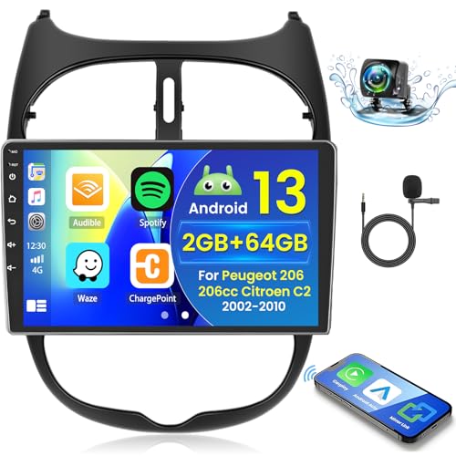 2+64GB Android 13 Autoradio für Peugeot 206 206cc Citroen C2 2002-2010 Radio Wireless Carplay Android Auto, 9 Inch IPS Touch Screen Radio mit Rückfahrkamera,Bluetooth,Navi,WiFi,DSP von Hikity