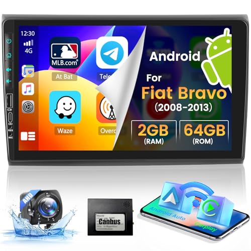 [2+64GB] Hikity Android Autoradio mit Navi für FIAT Bravo 2008 2009 2010 2011 2012 2013, 9 Zoll Wireless Carplay Android Auto Autoradio Bluetooth mit GPS HiFi BT RDS FM SWC Rückfahrkamera von Hikity