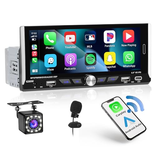 [2025 Neu] Hikity 1 Din Autoradio Bluetooth mit Wireless CarPlay & Android Auto, 6,9 Zoll Touchscreen Car Radio mit Duale USB-Anschlüsse Type-C Rückfahrkamera Fernsteuerung Mic FM Radio von Hikity