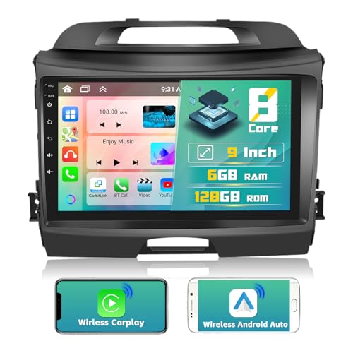 [2024 Upgrade 8 Core 6G+128G] Hikity 9" Android 13 Dashboard Radio Kit für Kia Sportage 2010-2016 Autoradio 2DIN mit CarPlay Android Auto Wireless WiFi GPS BT5.0 59UI 32DSP RDS Mic Rückfahrkamera von Hikity
