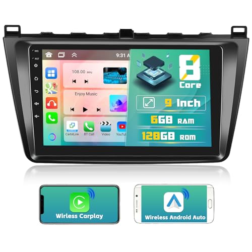 [2024 Upgrade 8 Core 6G+128G] Hikity 9" Android 13 Dashboard Radio Kit für Mazda 6 2007-2012 Autoradio 2DIN mit CarPlay Android Auto Wireless WiFi GPS BT5.0 59UI 32DSP RDS Mic Rückfahrkamera von Hikity
