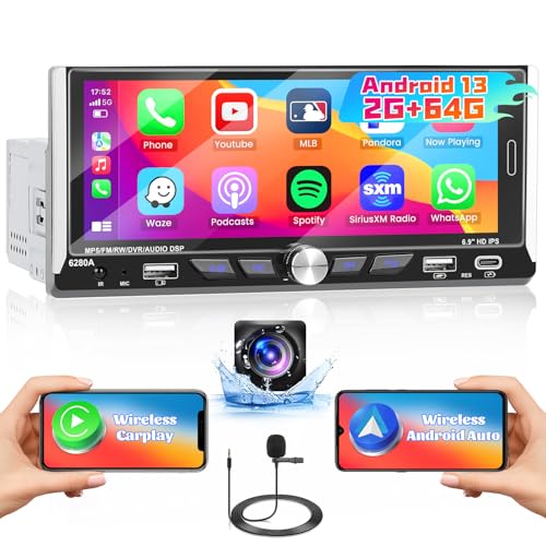 2G+64G Android 13 Autoradio 1Din mit Navi Wireless Carplay Android Auto 2.5D Bildschirm 6,9 Zoll Touch Display Auto Radio mit Bluetooth Freisprecheinrichtung GPS WiFi FM RDS Mirror Link Rückfahrkamera von Hikity