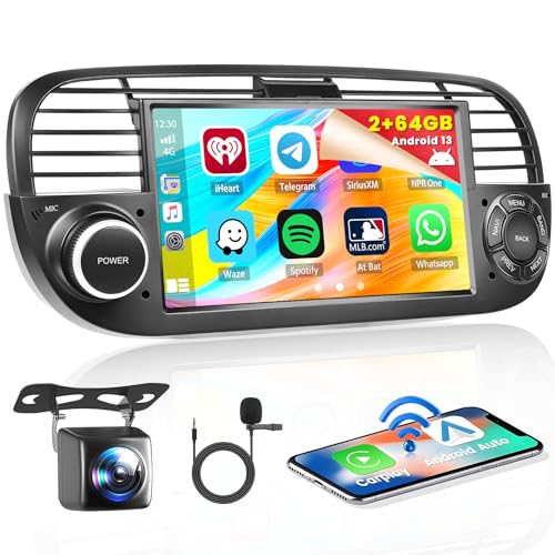 2G+64G Android 13 Autoradio für FIAT 500 (2007-2015) Radio Wireless CarPlay Android Auto, 7" Autoradio mit Bildschrim Display Bluetooth Freisprecheinrichtung GPS WiFi FM RDS Rückfahrkamera Schwarz von Hikity