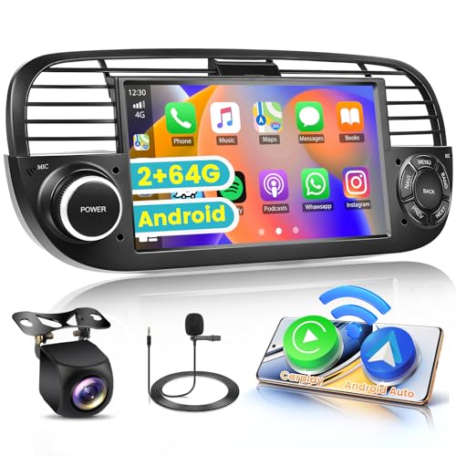 2G+64G Android 13 Autoradio für FIAT 500 (2007-2015) Radio Wireless CarPlay Android Auto, 7" Autoradio mit Bildschrim Display Bluetooth Freisprecheinrichtung GPS WiFi FM RDS Rückfahrkamera Schwarz von Hikity