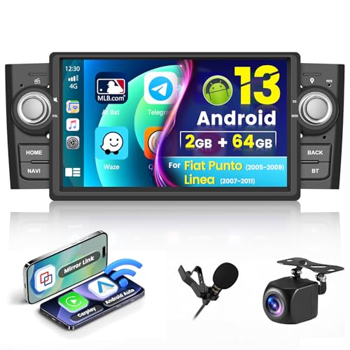 2G+64G Android 13 Autoradio für FIAT Punto(2005-2009) Linea(2007-2011) Radio Wireless Apple CarPlay Android Auto Bluetooth 7 Zoll Bildschrim Auto Radio Navi Rückfahrkamera HiFi WiFi FM RDS SWC USB von Hikity