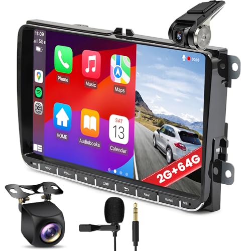 [2G+64G Dashcam] Hikity 9" Android 13 Autoradio mit Wireless Carplay Android Auto für VW Golf 6 Golf 5 Polo Passat, 2 DIN Touchscreen Car Radio mit Navi Dashcam WiFi USB FM RDS MIC SWC Rückfahrkamera von Hikity