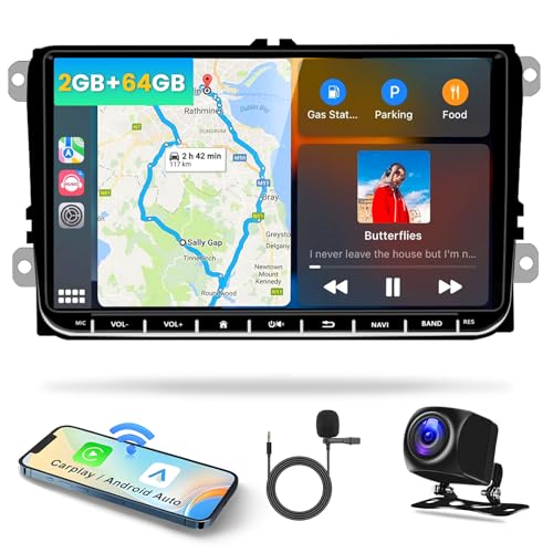 2G+64G Hikity 9" HD Android Autoradio für VW Golf 5 Passat Polo Tiguan Touran Caddy Skoda mit CarPlay Android Auto Doppel Din Stereo mit Navi WiFi Hi-Fi BT USB RDS FM SWC Canbus+Rückfahrkamera von Hikity