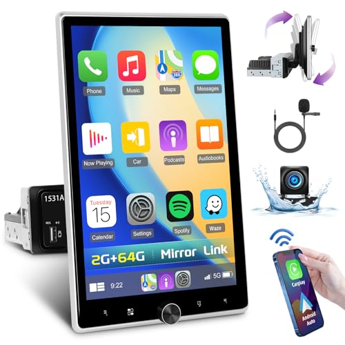 [2G+64G] Hikity Android 13 Autoradio 1 Din mit Vertikaler Bildschirm,mit Wireless Carplay Android Auto,10.4Zoll Drehbarer Bildschirm Radio 1 Din mit GPS Navi Bluetooth WiFi RDS FM MIC Rückfahrkamera von Hikity
