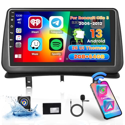 [2G+64G] Hikity Autoradio Für Renault Clio 3 2008-2014 Android 13 Wireless Carplay Android Auto 9Zoll Auto Radio mit 26UI FM RDS GPS Navi WiFi EQ Bluetooth MIC Rückfahrkamera von Hikity