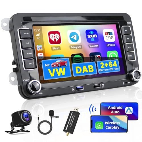 Hikity DAB/DAB+ 2G+64G Android 13 Autoradio Für VW Golf 5 Golf 6 Touran EOS mit Wireless Carplay Android Auto 7 Zoll Bildschirm Autoradio mit GPS WiFi Bluetooth FM RDS HI-FI MIC Rückfahrkamera von Hikity