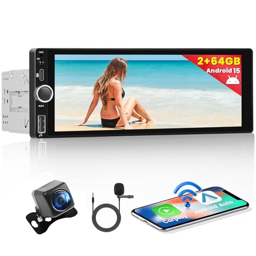2GB+64GB 1 Din Android 13 Autoradio mit Navi Wireless Carplay Android Auto, 6,9 Zoll Bildschirm Radio Bluetooth Mirror Link WiFi FM/RDS/EQ/USB Lenkradsteuerung Rückfahrkamera von Hikity