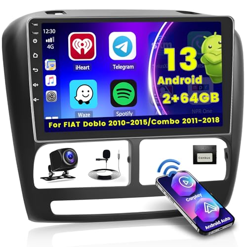 [2+64GB] Android 13 Autoradio, für FIAT Doblo 2010-2015/Combo 2011-2018 Radio, CarPlay Android Auto Wireless, 9" Bildschrim Auto Radio, Bluetooth, GPS Navi WiFi EQ FM RDS SWC USB, Rückfahrkamera von Hikity