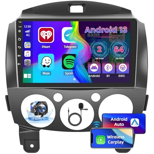 Hikity [2+64GB] Android 13 Autoradio, für Mazda 2 2007-2014 Radio, CarPlay Android Auto Wireless, 9" Bildschrim Auto Radio, Bluetooth, GPS Navi WiFi EQ FM RDS SWC USB, Rückfahrkamera von Hikity