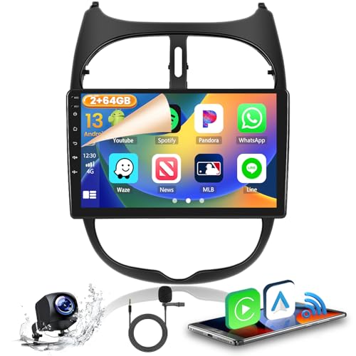2GB+64GB Android 13 Autoradio für Peugeot 206/206CC 2001-2016 Cirteon C2 Radio Wireless CarPlay Android Auto Bluetooth Freisprecheinrichtung 9" Bildschrim Auto Radio mit Navi Rückfahrkamera von Hikity