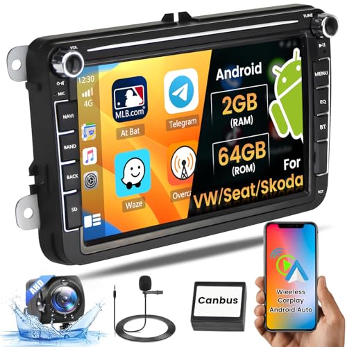 [2GB+64GB] Hikity 8" IPS Android Autoradio für VW Golf 5 Golf 6 Polo Tiguan Caddy Skoda mit CarPlay Android Auto Doppel Din GPS Navigation WiFi HiFi RDS BT RCA Canbus Rückfahrkamera von Hikity