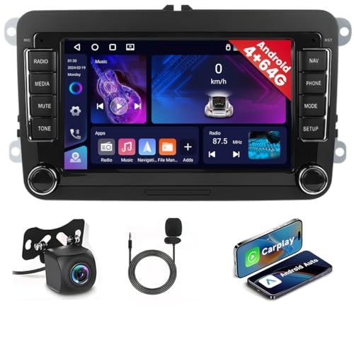 [4+64G] Android Carplay Autoradio mit Navi für VW Golf 5 6 Polo Skoda Passat Wireless Android Auto Radio mit 7 Zoll Touch Display Bluetooth Auto Radio mit WiFi FM/RDS Mikrofon Rückfahrkamera von Hikity