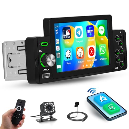 5 Zoll Autoradio 1 Din mit Wireless Apple CarPlay & Android Auto, Hikity Touchscreen Autoradio Bluetooth mit Rückfahrkamera FM Radio USB Mirror Link von Hikity