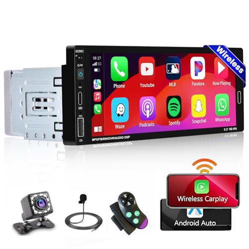 6,9 Zoll Autoradio Wireless Carplay und Android Auto 1 Din Touch Display Radio mit Bildschirm Bluetooth Freisprecheinrichtung, Rückfahrkamera, Mikrofon, FM USB+Type-C von Hikity