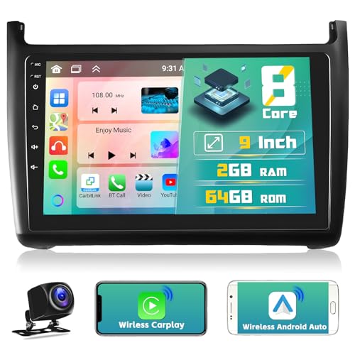 [8 Core 2G/64G] Hikity für VW Polo 2011 2012 2013 2014 2015 2016 Android 13 Autoradio mit Navi Wireless CarPlay Android Auto 9" Touchscreen Doppel Din Car Radio mit GPS DSP RDS WiFi Rückfahrkamera von Hikity