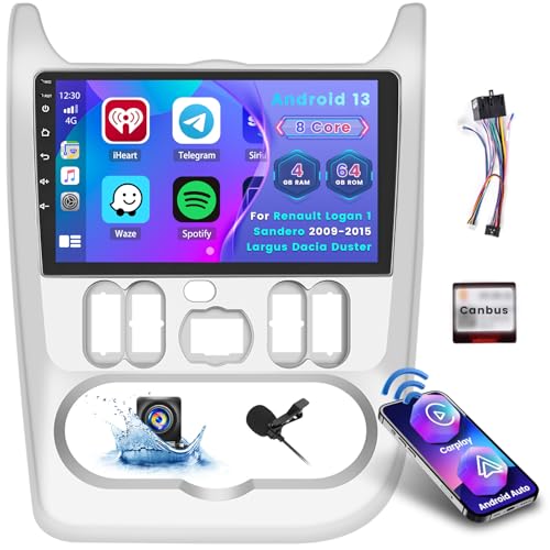 [8 core 4+64GB] Android 13 Autoradio, Wireless CarPlay Android Auto, für Renault Logan 1 Sandero 2009-2015 Largus Dacia Duster Radio, Bildschrim 9", Bluetooth, Mirror Link, GPS WiFi DSP FM SWC USB von Hikity