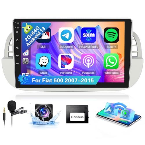 [8Cores 2G+64G] Hikity Autoradio Navi Für FIAT 500 2007-2015 Android 13 9Zoll Touch Display mit FM RDS 32EQ 59UI Wireless Carplay Android Auto GPS WiFi Bluetooth MIC (Beige) von Hikity