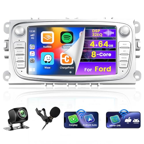 Hikity 8Core 4+64G Autoradio Android Für Ford Focus C-Max S-Max Mondeo Galaxy Wireless Carplay Android Auto, 7'' Touch Display Bluetooth Radio mit WiFi GPS Navi DSP 32EQ FM RDS SWC Rückfahrkamera von Hikity