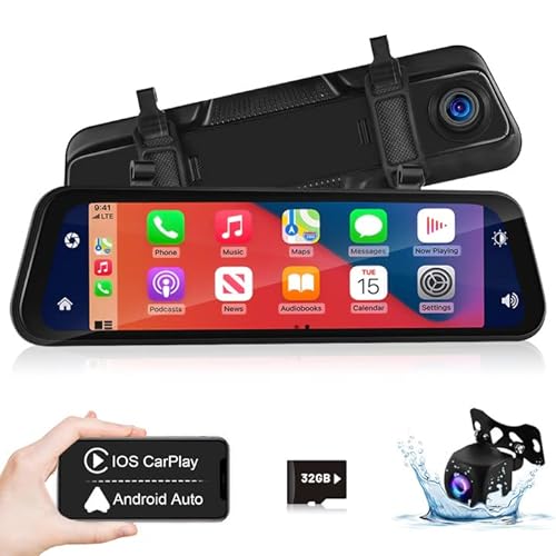 9.66 Zoll Apple Carplay Spiegel Dashcam mit Rückfahrkamera, Android Auto, Stimmenkontrolle GPS G-Sensor Super Nachtsicht WDR, Loop-Aufnahme Einparkhilfe Parküberwachung 32G SD-Karte von Hikity